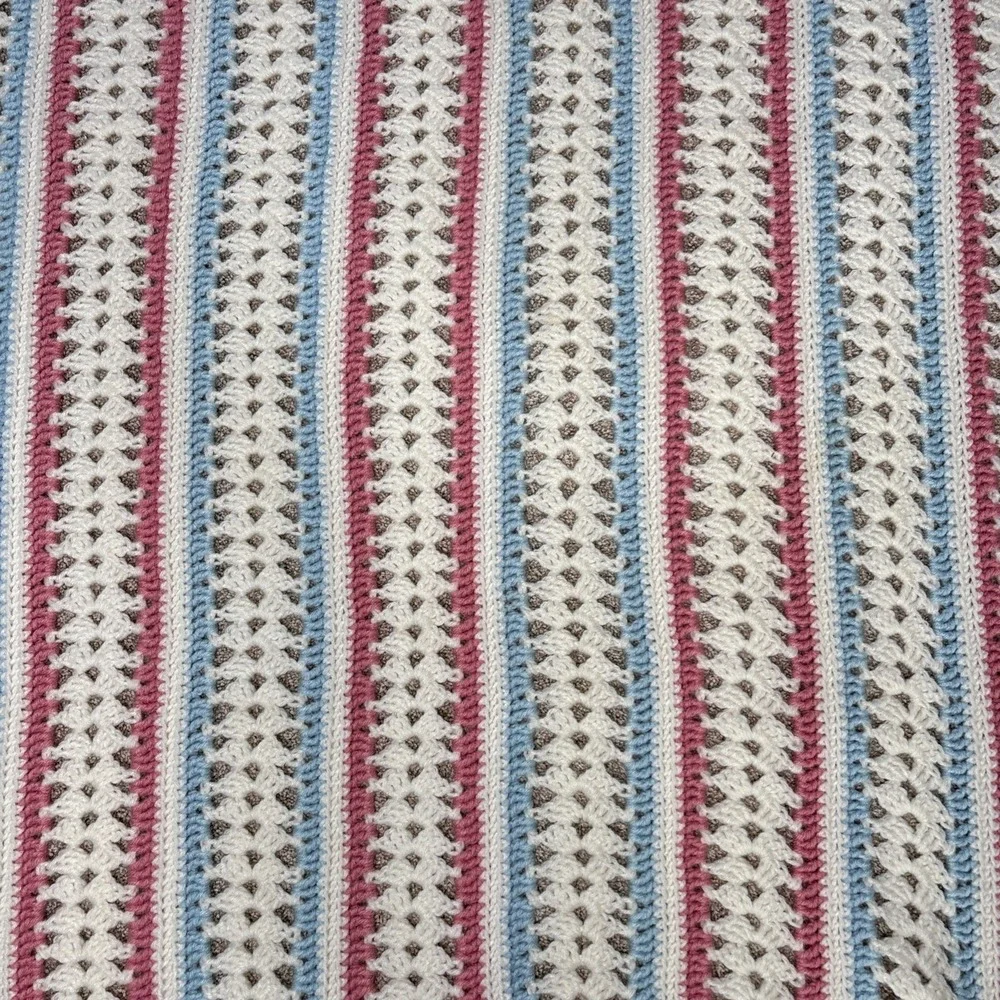 Vtg Mile A Minute Stripe Crochet Afghan Throw Scallop Edge Retro White Pink Blue